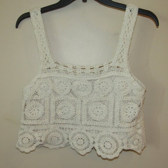 Rebellion Again Ivory Crochet Cropped Tank Top sz XS Boho Hippie Festival Beachy - Picture 1 of 3